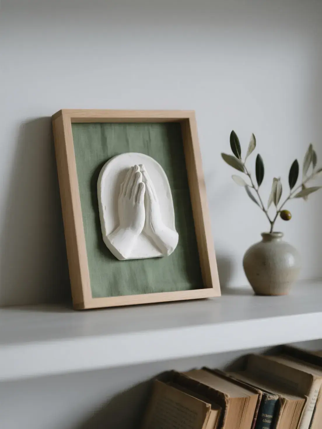 Relieve de manos orantes en escayola blanca sobre tela verde salvia, apoyado en una estantería con una rama de olivo